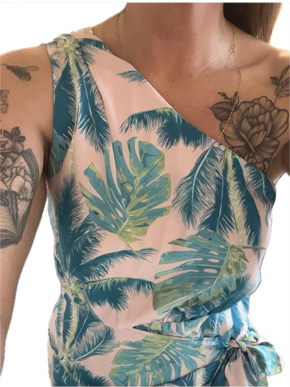 Cupshe Pink & Teal Tropical Leaf One-Shoulder Dress